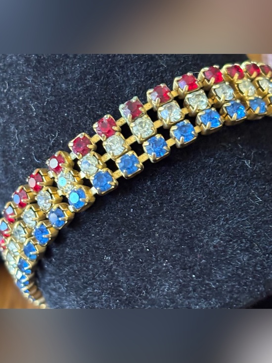 Jewelry - Vintage 1950s Patriotic Rhinestone 3-Row Bracelet Gold Tone Red White Blue MCM